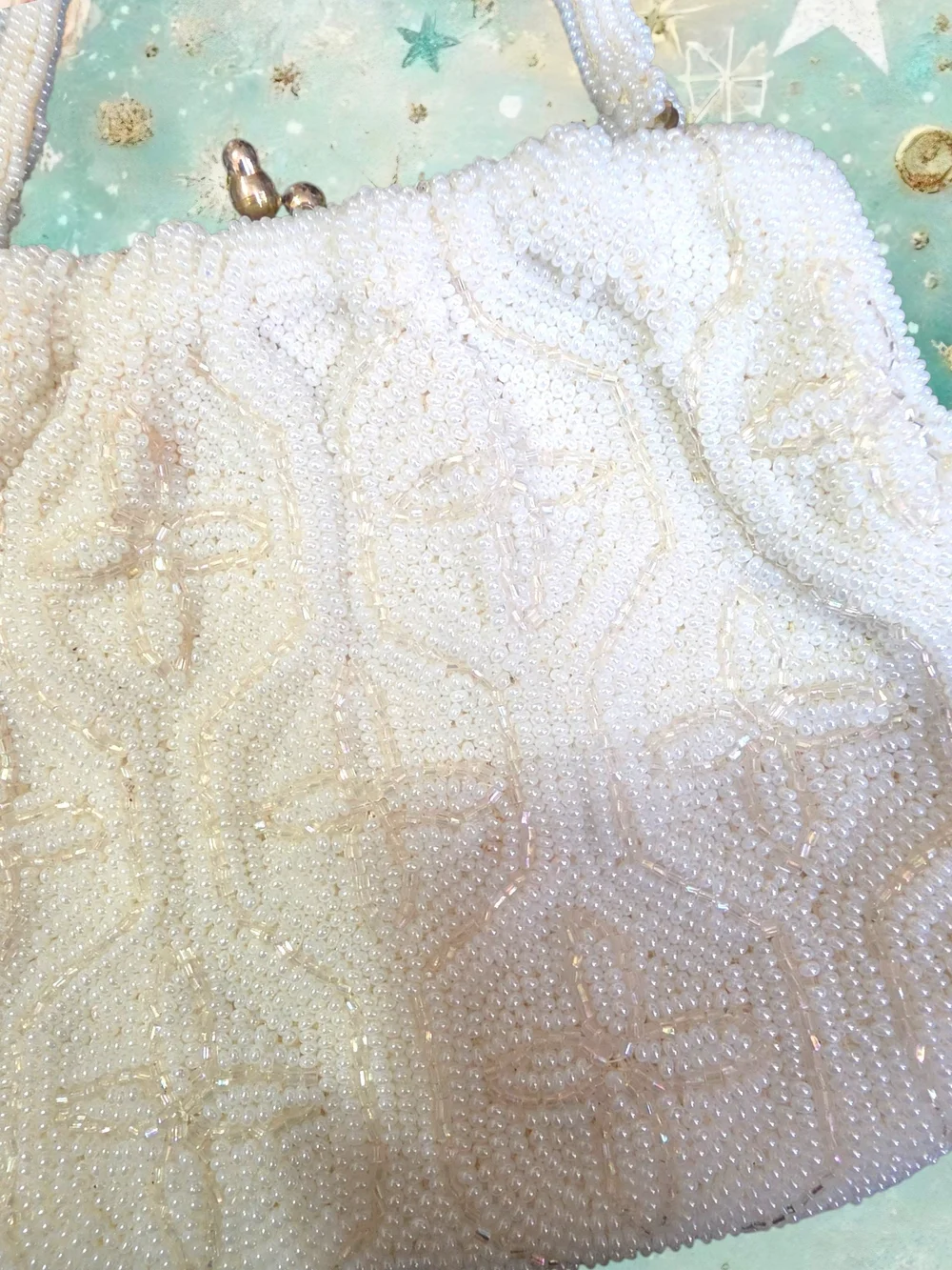 Ivory Beaded Evening Clutch with Pearl Handle